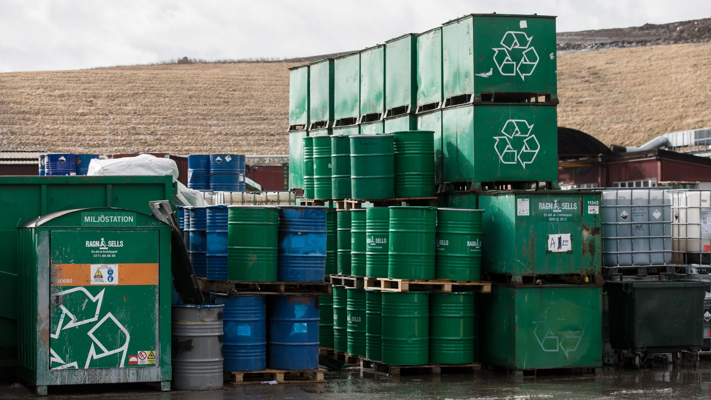 Hazardous waste piled in safe containers at Ragn-Sells waste facility